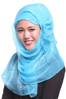 Imitation Silk Muslim Hijab Scarf Cap Turban with Flicker (Lake Blue)  