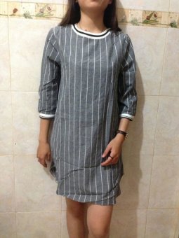 Import Collection Mini Dress Wanita Motif Garis - Abu-abu  