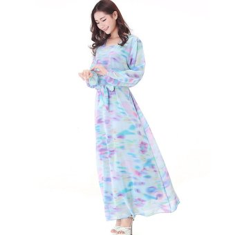 Islamic Clothing Women Long Chiffon Muslim Dress Abaya Flower Print (Blue) - intl  