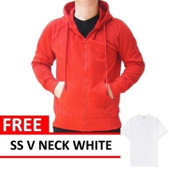 Jacket Zipper Hoodie Red Free SS V Neck White  