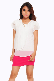 Jfashion Korean Style Blus With Pearl Necklace Short Sleeve - Putih  