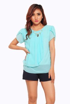 Jfashion Korean Style Blus With Pearl Necklace Short Sleeve - Turkis  