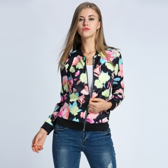 JinGle Women Floral Zip Up Short Bomber Jacket (Multicolor) - intl  