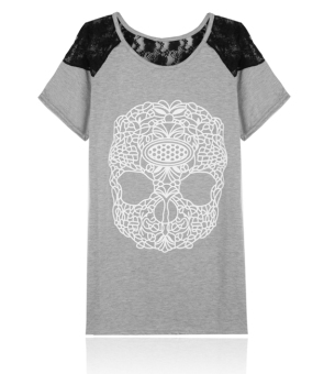 Jo.In New Women' Top Lace Patchwork Shoulders Skull Prints Front T-Shirt Casual (Gray)  