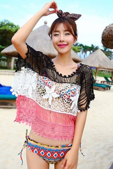 Jo.In O-neck Short Sleeve Splicing Color Hollow Out Crochet Lace Bikini Cover-up Swimwear M  