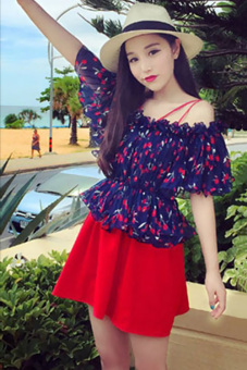 Jo.In Off Shoulder Fruit Print Pleated Elastic Waist Chiffon Tops Blouse (Navy Blue) - Intl  