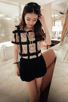 Jo.In Round Neck Short Sleeve Chiffon Print Shirt M-XXL (Black) - Intl  