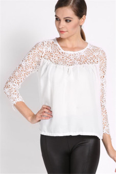 Jo.In Stylish Ladies Women Sexy Hollow Out Lace Patchwork Loose Casual Blouse S-XL (White)  