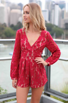 Jo.In Women Fashion Lace V-Neck Long Sleeve High Waist Loose Casual Short Jumpsuit S-L (Red) - Intl  