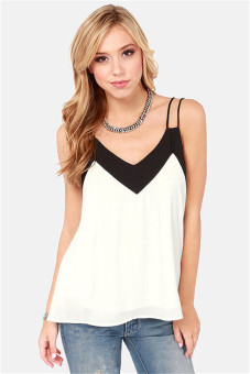 Jo.In Women Fashion Sexy Chiffon V Neck Sleeveless Spaghetti Strap Backless Patchwork Contrast Color Tank Tops S=XL (Black and White)  