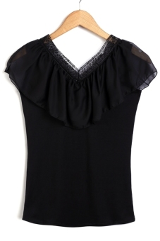 Jo.In Women Fashion Sexy V Neck Cap Sleeve Lace Trimming Patchwork Ruffle Solid Tops Blouse S-L (Black) - Intl  