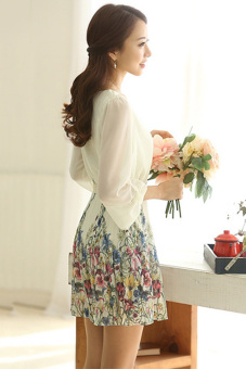 Jo.In Women Chiffon Floral 3/4 Sleeve Dress With Belt S-XXL (White)  