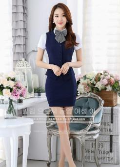 JOOX Fashion Workwear Dark Blue Vest Set Dark Blue Skirt White Shirt Summer Style  