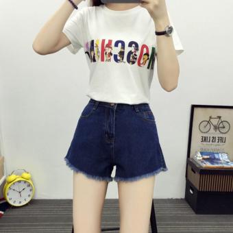 JOY Korean version of high waist denim shorts Dark Blue - intl  