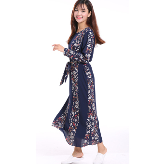 Kaftan Jilbab Islamic Muslim Abaya Chiffon Maxi Dress Flower Print (Blue) - intl  