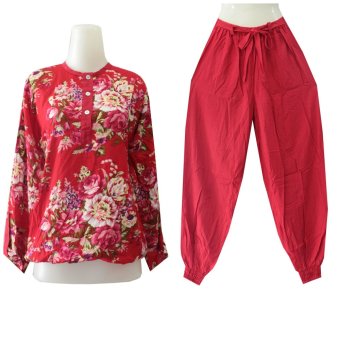 Kampung Souvenir - Set Joger Pants - Red With Roses  