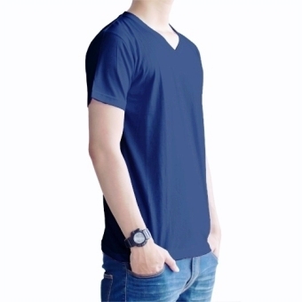 Kaos Oblong Polos Lengan Pendek V-Neck Unisex T-Shirt - Biru Tua  