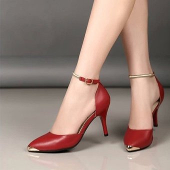 Khalista Collections Women Pumps Gold Mental Point Toe Shoes Bright Ankle Strap 002  