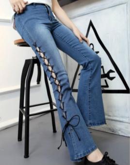 Kisnow Korean Fashion Middle Waist Belt Trumpet Pant Jeans(Color:Light Blue) - intl  
