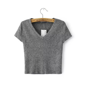 Knitted Pure Color V-neck Collar Pullover Cotton Short-sleeved Midriff-bearing T Shirt - intl  