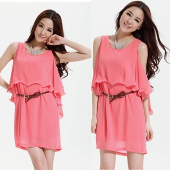 Korea Women's Flouncing Short Batwing Sleeve Off Shoulder False Two-piece Chiffon Dress Pink - intl  