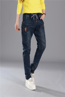 Korean Fashion Elastic Waist Harem Casual Jeans Women's Long Loose Jean Pants HPT050 Dark Blue - intl  