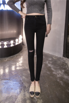 Korean Fashion Women's Casual Ripped Jeans High Waist Elastic Denim Skinny Pencil Pants with Hole HPT053 Black - intl  