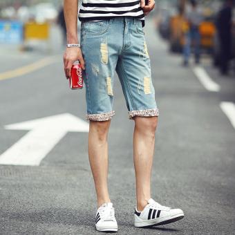 Korean Men Holes Fifth Jeans Denim Frayed Middle Pants Breeches Jeans Pirate Shorts Hot Pants - intl  