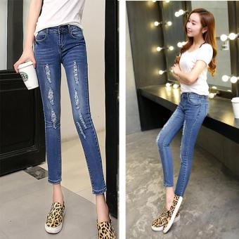 Korean Slim Hole Jeans Begger Pants Ninth Pants Women Cropped Jeans Frayed Straight Trousers - intl  