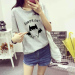 Korean Style Summer Cartoon Bat Printed T Shirt Casual Loose Women Shirt Short Sleeve Tops Tee Grey  