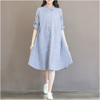 Korean Style Women Long Sleeve Tunic Shirt Dresses Striped Loose Maternity Dress HMDRESS030 Blue - intl  