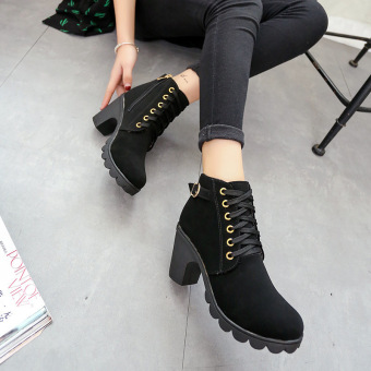 Korean Thick High-heeled Short Single Martin Boots Luxury Women Female Lace-up Ankle Boots Shoes - intl  