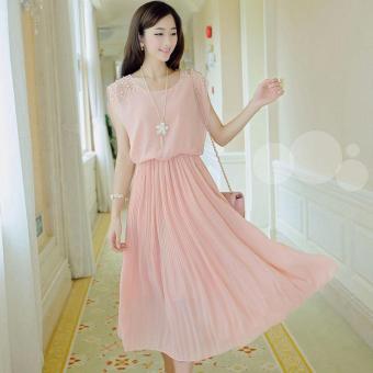 Korean version of the chiffon dress slim pin sleeve large elastic pleated skirt(pink) - intl  