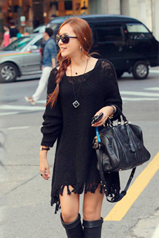 Korean Womens Fringed Hem Loose Sweater Dress Long Knitting Tops Outerwear (Black) - intl  