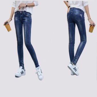 Korean Women's Mid Waist Slim Stretch Jeans Slim Pencil Pants Dark Blue - intl  