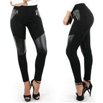 Kuhong Women Stitching Stretchy Faux Leather Black Tights Leggings Pants Sexy - intl  