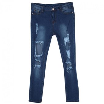 KUNPENG Women Distressed Slim Denim Pants Dark blue  