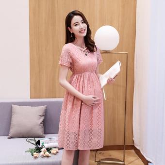 Lace Maternity Dresses Loose Short Sleeve Hollow Out Pregnancy Dress Pink - intl  