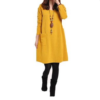 Ladies Long Sleeve Pockets V-Neck Loose Casual Cotton Pregnant MIni Dress Yellow - intl  