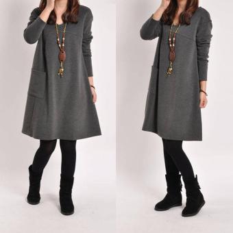 Ladies Long Sleeve Pockets V-Neck Tops Loose Casual Cotton Pregnant MIni Dress - intl  