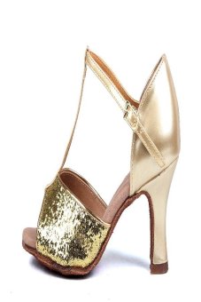 Lady latin dancing sandal woman high heel dress shoes with platform(Gold)  