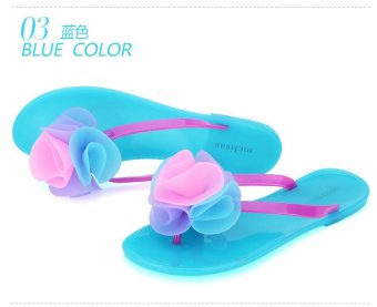 Lady's Flip-flops Slippers Shoes with big cubic Rose flower Premium Materials (Blue)  