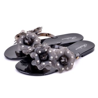 Lady's Flip-Fops Slippers Shoes with Flower and Shining Paillette Premium Materials (Black)  