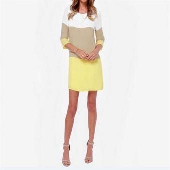 Lady's Loose Casual Tri-color Stitching Chiffon 3/4 Sleeve Round Neck Dress C259 Yellow - intl  