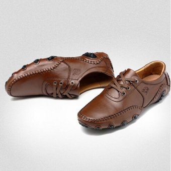 LALANG Fashion Men Lace-Up Loafers Casual Shoes Genuine Leather Slip On Flat Shoes (Brown)  