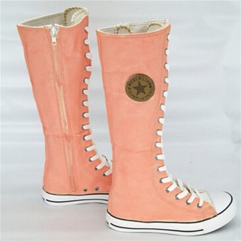 LALANG Fashion Women Lace Up Zip Knee High Boot Punk Casual Canvas Flat Shoes (Pink Orange)  