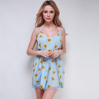 LALANG Fashion Women Sleeveless Jumpsuit Sunflower Printed Rompers Playsuit (Light Blue)  