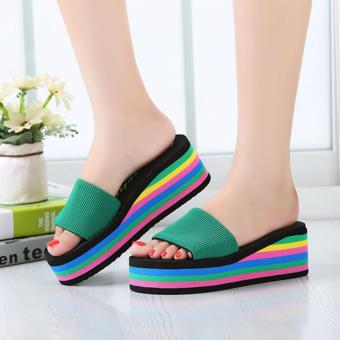 LALANG New Women Fashion High-heeled Slippers Thick Bottom Rainbow Sandals Green - intl  