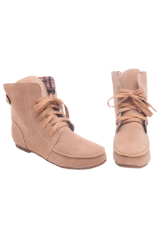 LALANG Women Flat Heel Lace-Up Knight Boots Martin Boots Casual Beige  
