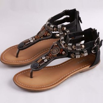 LALANG Women Flat Sandals Vintage T-Strap Flip Flops Summer Shoes (Black) - Intl  